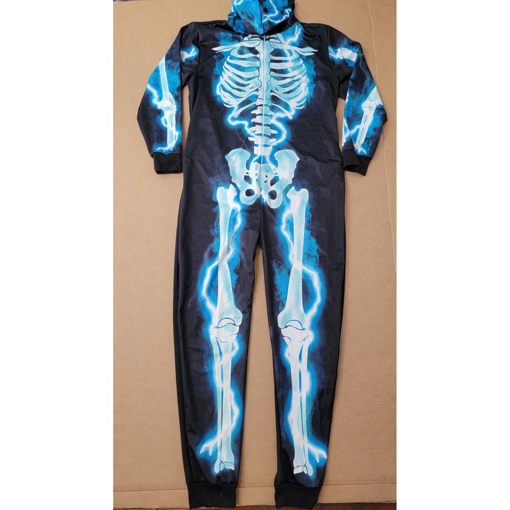 Morph Costumes Mens Blue Lightning Skeleton Halloween Jumpsuit Hooded Large